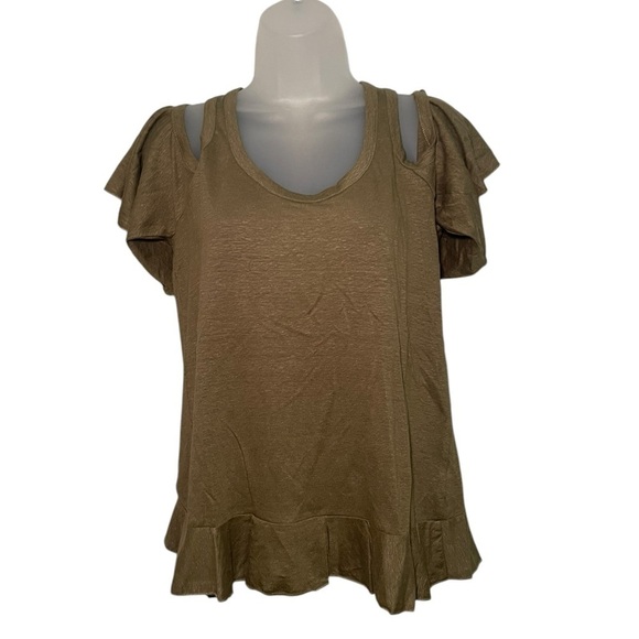 Chaser Moss Green Cold Shoulder Flutter Sleeve Linen Tee Shirt M NWT - Picture 2 of 6